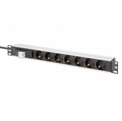Listwa zasilająca Digitus PDU Rack 19" z wyłącznikiem nadprądowym Typ C 16A, 7 gniazd Schuko CEE 7/3 (45°), kabel 1,8m wtyk Unischuko CEE 7/7, 16A, aluminiowa