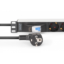 Listwa zasilająca Digitus PDU Rack 19" z wyłącznikiem nadprądowym Typ C 16A, 7 gniazd Schuko CEE 7/3 (45°), kabel 1,8m wtyk Unischuko CEE 7/7, 16A, aluminiowa