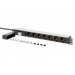 Listwa zasilająca Digitus PDU Rack 19" z wyłącznikiem nadprądowym Typ C 16A, 7 gniazd Schuko CEE 7/3 (45°), kabel 1,8m wtyk Unischuko CEE 7/7, 16A, aluminiowa