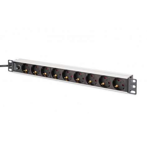 Listwa zasilająca Digitus PDU Rack 19" z bezpiecznikiem przeciążeniowym, 9 gniazd Schuko CEE 7/3 (45°), kabel 2m wtyk IEC C14, 10A, aluminiowa