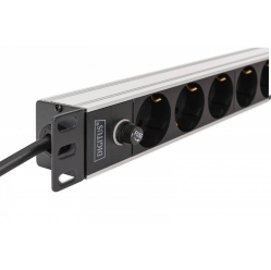 Listwa zasilająca Digitus PDU Rack 19" z bezpiecznikiem przeciążeniowym, 9 gniazd Schuko CEE 7/3 (45°), kabel 2m wtyk IEC C14, 10A, aluminiowa