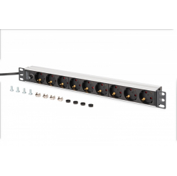 Listwa zasilająca Digitus PDU Rack 19" z bezpiecznikiem przeciążeniowym, 9 gniazd Schuko CEE 7/3 (45°), kabel 2m wtyk IEC C14, 10A, aluminiowa