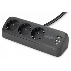Listwa zasilająca Digitus biurkowa, 3 gniazda Schuko, 2x USB-A (2x 12W), 1x USB-C (30W) z zaciskiem na blat, kabel 1,5m, czarna