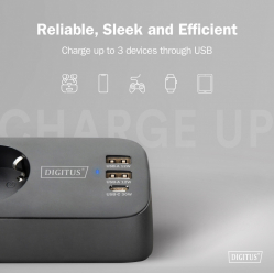 Listwa zasilająca Digitus biurkowa, 3 gniazda Schuko, 2x USB-A (2x 12W), 1x USB-C (30W) z zaciskiem na blat, kabel 1,5m, czarna