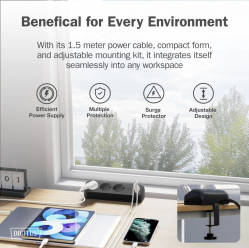 Listwa zasilająca Digitus biurkowa, 3 gniazda Schuko, 2x USB-A (2x 12W), 1x USB-C (30W) z zaciskiem na blat, kabel 1,5m, czarna