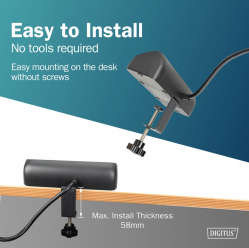 Listwa zasilająca Digitus biurkowa, 3 gniazda Schuko, 2x USB-A (2x 12W), 1x USB-C (30W) z zaciskiem na blat, kabel 1,5m, czarna