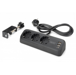 Listwa zasilająca Digitus biurkowa, 3 gniazda Schuko, 2x USB-A (2x 12W), 1x USB-C (30W) z zaciskiem na blat, kabel 1,5m, czarna