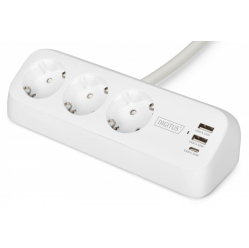 Listwa zasilająca Digitus biurkowa, 3 gniazda Schuko, 2x USB-A (2x 12W), 1x USB-C (30W) z zaciskiem na blat, kabel 1,5m, biała