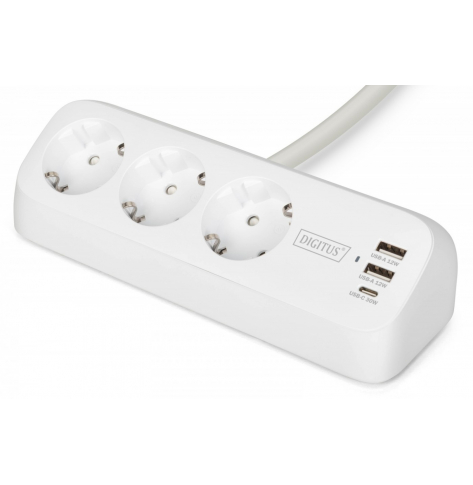 Listwa zasilająca Digitus biurkowa, 3 gniazda Schuko, 2x USB-A (2x 12W), 1x USB-C (30W) z zaciskiem na blat, kabel 1,5m, biała
