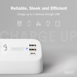 Listwa zasilająca Digitus biurkowa, 3 gniazda Schuko, 2x USB-A (2x 12W), 1x USB-C (30W) z zaciskiem na blat, kabel 1,5m, biała