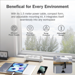 Listwa zasilająca Digitus biurkowa, 3 gniazda Schuko, 2x USB-A (2x 12W), 1x USB-C (30W) z zaciskiem na blat, kabel 1,5m, biała