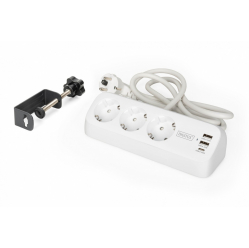 Listwa zasilająca Digitus biurkowa, 3 gniazda Schuko, 2x USB-A (2x 12W), 1x USB-C (30W) z zaciskiem na blat, kabel 1,5m, biała