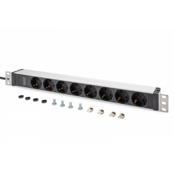Listwa zasilająca Digitus PDU 19" Rack, 8x gniazdo ze stykami ochronnymi unischuko 16A/230V, 1x wtyczka IEC C20, 16A, przewód zasilający 2 m, Aluminiowa