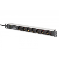 Listwa zasilająca Digitus PDU Rack 19" z zabezpieczeniem przeciwprzepięciowym + filtr EMI/RFI, 7 gniazd Schuko CEE 7/3, kabel 2m, wtyk Unischuko CEE 7/7, 16A,