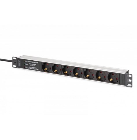 Listwa zasilająca Digitus PDU Rack 19" z zabezpieczeniem przeciwprzepięciowym + filtr EMI/RFI, 7 gniazd Schuko CEE 7/3, kabel 2m, wtyk Unischuko CEE 7/7, 16A,