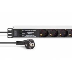 Listwa zasilająca Digitus PDU Rack 19" z zabezpieczeniem przeciwprzepięciowym + filtr EMI/RFI, 7 gniazd Schuko CEE 7/3, kabel 2m, wtyk Unischuko CEE 7/7, 16A,