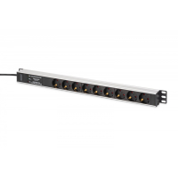 Listwa zasilająca Digitus PDU Rack (620mm) z zabezpieczeniem przeciwprzepięciowym + filtr EMI/RFI, 9 gniazd Schuko CEE 7/3 (45°), kabel 2m wtyk Unischuko CEE 