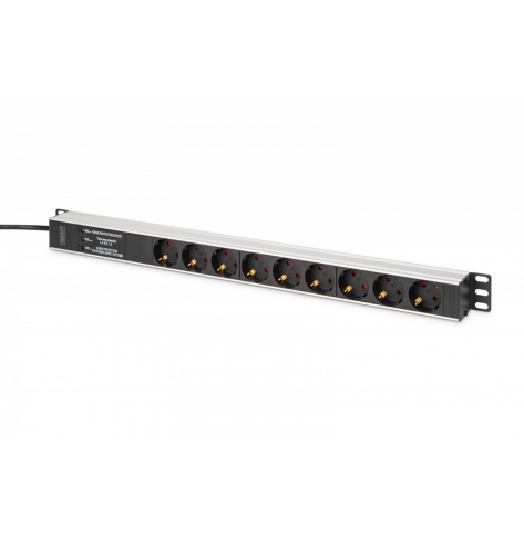 Listwa zasilająca Digitus PDU Rack (620mm) z zabezpieczeniem przeciwprzepięciowym + filtr EMI/RFI, 9 gniazd Schuko CEE 7/3 (45°), kabel 2m wtyk Unischuko CEE 