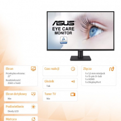Asus Monitor 27 cali VA27AQ QHD IPS 75Hz HDMI DP VGA 