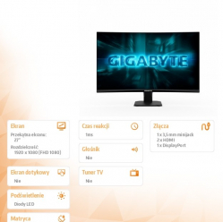 Gigabyte Monitor 27 cali GS27FC2 GAMING FHD 240Hz DP HDMI CURVED
