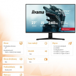 IIYAMA Monitor 27 cali G2771HSU-B1 0.4ms,Fast IPS,1xUSB 3.2, 1xUSB C, 240Hz, DP, 2xHDMI, Adaptive G-SYNC - 1920 x 1080 @48-240Hz DisplayPort Only 