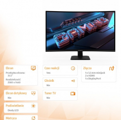 Gigabyte Monitor 31.5 cala GS32QCA GAMING VA QHD 180Hz DP HDMI