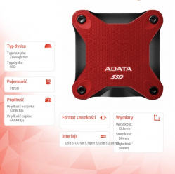 Adata Dysk zewnętrzny SSD SD620 512G U3.2A 520/460 MB/s czerwony