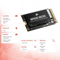 Corsair Dysk SSD 1TB MP600 MICRO 7000/6200 MB/s PCIe 4.0 x4 NVMe M.2 2242 