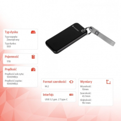 Verbatim Dysk SSD Pocket 1000GB M.2 1TB USB-C 1000Mb/s 
