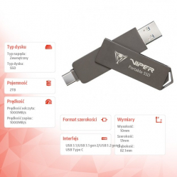 Patriot Dysk zewnętrzny SSD 2TB PVP30 Duo Compact 1000/1000 MB/s USB 3.2 USB-C