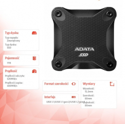 Adata Dysk zewnętrzny SSD SD620 1TB U3.2A 520/460 MB/s czarny
