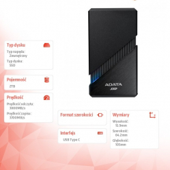 Adata Dysk zewnętrzny SSD External SE920 2TB USB4C 3800/3700 MB/s czarny