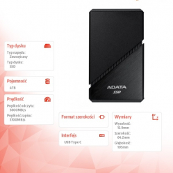 Adata Zewnętrzny dysk SSD SE920 4TB USB4C 3800/3700 MB/s Black