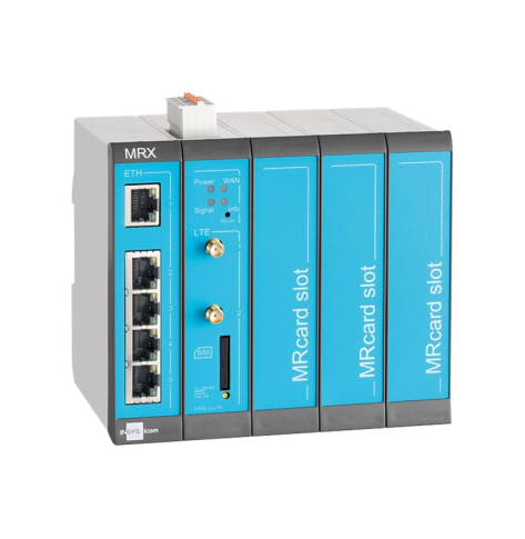 INSYS icom MRX5 LTE Modular 4G cellular worldwide freq. bands VPN 5xEthernet 10/100BT 2xdig.in MRcard-Slots 3xfree