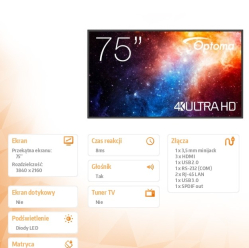 Monitor interaktywny Optoma 75 N3751K matowy 24h/7 450cd/m2 USB-C 4K UHD (3840 x 2160) Android 11 Wifi+BT OMS kod producenta H1F2C0GBW10