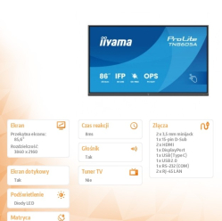 IIYAMA 86 cali TN8605A-B1AG IPS 4K 40pkt 500cd nonOS 1200:1 5ms DeepContrast-IR+ 1xVGA 2xHDMI DP USB-C(PD65W) 2xRJ45 2x20W PiP PbP UCHWYT ŚCIENN