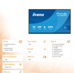 IIYAMA 75 cali TN7505A-B1AG IPS 4K 40pkt 500cd nonOS 1200:1 5ms DeepContrast-IR+ 1xVGA 2xHDMI DP USB-C(PD65W) 2xRJ45 2x20W PiP PbP UCHWYT ŚCIENN