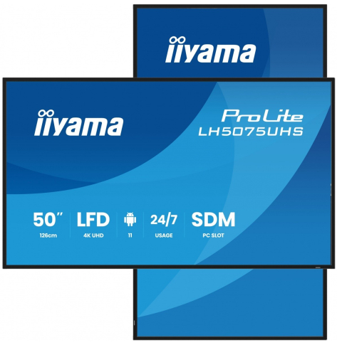IIYAMA 50 cali LH5075UHS-B2AG 24/7 VA ANDROID.11 4K 500cd 3xHDMI DP RJ45 2x10W 2xUSB WiFi 4/32GB 24/7 A311D2 full daisy chain i