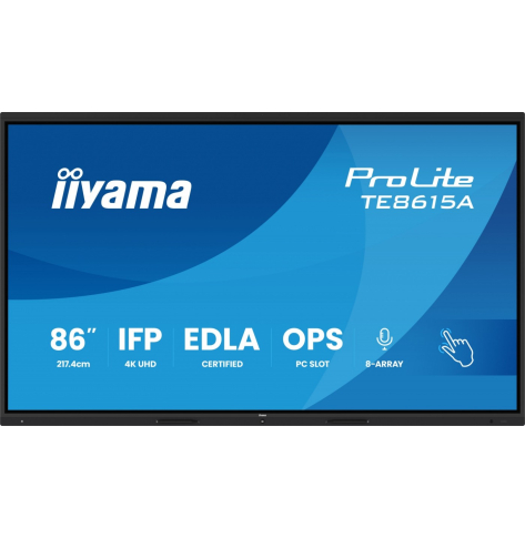 IIYAMA 86 cali TE8615A-B1AG IPS 4K 40pkt 550cd DeepContrast-IR+ HDMI x2 DP USB-C 2 x 20W OPS Slot x1 5xUSB 2xRJ45 8-Array EDLA WiFi PiP iiW