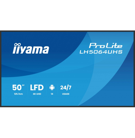 IIYAMA 50 cali LH5064UHS-B1AG 24/7 IPS ANDROID14 4K 500cd 1200:1 2xHDMI USB-C RJ45 RS-232c IR 2x10W 2xUSB UCHWYT ŚCIENNY iiSignage2 WiFi Fa