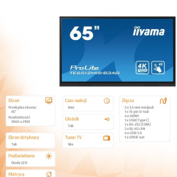 IIYAMA 65 cali ProLite TE6512MIS-B3AG 40pkt IPS 4K 24/7 7H WiFi VGA HDMI USB-c Bluetooth metal 8ms Vesa 2x16W