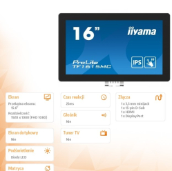 IIYAMA 15.6 cala TF1615MC-B1 IPS pojemnościowa 10 punktów 450cd/m2 IP65 7H HDMI DP VGA 