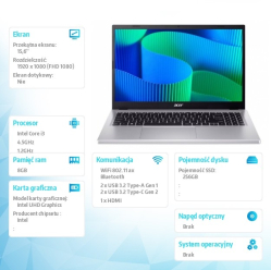 Acer Extensa 15 EX215-57-33DF i3-1315U 15.6 FHD, 8GB DDR5, 256GB SSD, NoOS, srebrny