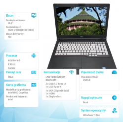 Fujitsu poleasingowy LifeBook E559 Core i5-8265U (8-gen)1,6 GHz   16 GB   SSD 240GB   15.6" FullHD   Win 11 Pro