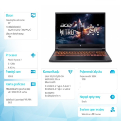 Acer Nitro V 16 AI ANV16-42-R7RW Windows 11 Home Ryzen 7 260 16GB 1TB RTX5060 16 cali