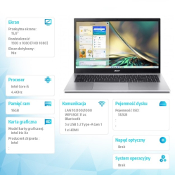 Acer Aspire 3 i5-1235U 15.6 cala FHD 16GB DDR4 512GB SSD NoOS Srebrny
