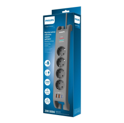 Listwa zasilająca Philips antyprzepięciowa 2m, 4 gniazda, 1xUSB-C, 2xUSB-A,PD 20W / QC 18W, 2400 J ochrony przeciwprzepięciowej 