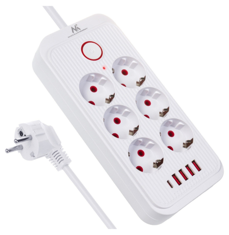 Maclean Listwa zasilająca MCE391 W 6 gniazd 4xUSB-A 1xUSB-C 110-240V AC 50/60Hz, 2.1A max 2500W, biała