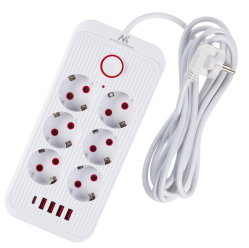 Maclean Listwa zasilająca MCE391 W 6 gniazd 4xUSB-A 1xUSB-C 110-240V AC 50/60Hz, 2.1A max 2500W, biała