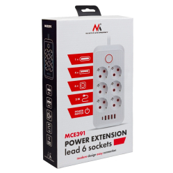 Maclean Listwa zasilająca MCE391 B 6 gniazd 4xUSB-A 1xUSB-C, 110-240V AC 50/60Hz, 2.1A max 2500W, czarna